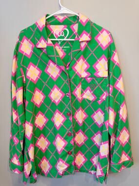 Victoria's Secret Flannel Pajama Top Green Pink Argyle Plaid Button Up Large